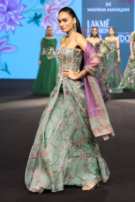 Mahima Mahajan_Green Silk Organza Sequins, Stones, Nasiha Floral Print Corset Skirt Set _at_Aza_Fashions