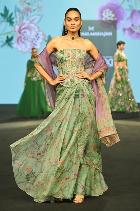 Buy_Mahima Mahajan_Green Silk Organza Sequins, Stones, Nasiha Floral Print Corset Skirt Set 