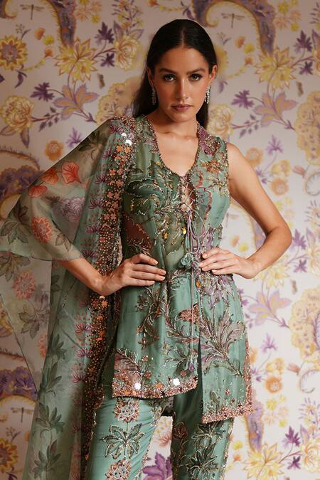 Mahima Mahajan_Green Silk Organza Embroidery, Sequins, Beads, Sania Floral Kurta Pant Set _Online_at_Aza_Fashions