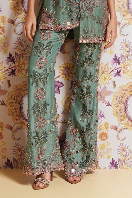 Buy_Mahima Mahajan_Green Silk Organza Embroidery, Sequins, Beads, Sania Floral Kurta Pant Set _Online_at_Aza_Fashions