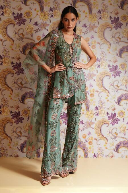 Shop_Mahima Mahajan_Green Silk Organza Embroidery, Sequins, Beads, Sania Floral Kurta Pant Set _Online_at_Aza_Fashions