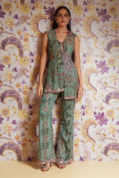 Buy_Mahima Mahajan_Green Silk Organza Embroidery, Sequins, Beads, Sania Floral Kurta Pant Set 