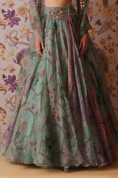 Mahima Mahajan_Green Silk Organza Sequins, Beads, Embroidery, Areeba Print Bralette Lehenga Set _Online_at_Aza_Fashions
