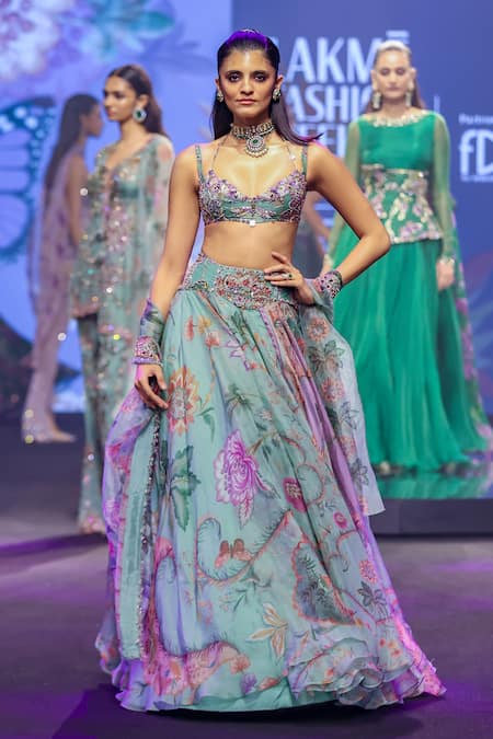 Shop_Mahima Mahajan_Green Silk Organza Sequins, Beads, Embroidery, Areeba Print Bralette Lehenga Set _Online_at_Aza_Fashions