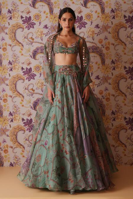Mahima Mahajan_Green Silk Organza Sequins, Beads, Embroidery, Areeba Print Bralette Lehenga Set _at_Aza_Fashions