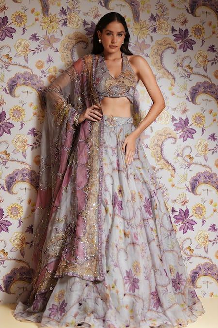 Mahima Mahajan_Lilac Silk Organza Beads, Sequins, Embroidery, Hanifa Floral Print Lehenga Set _at_Aza_Fashions