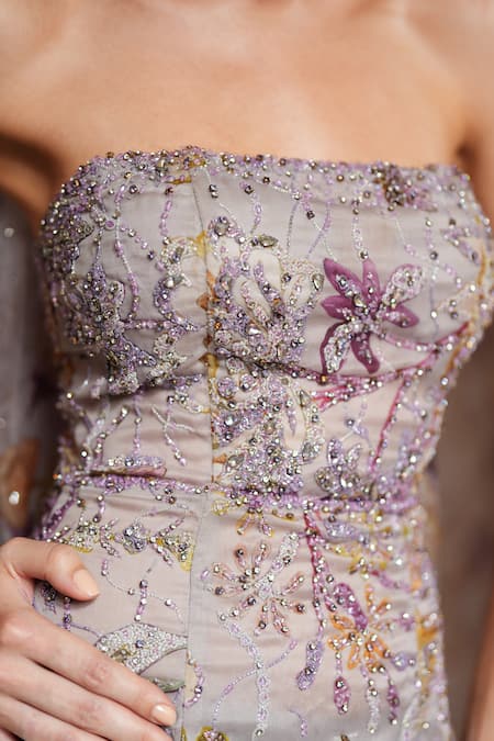 Shop_Mahima Mahajan_Lilac Silk Organza, Mesh Sequins, Stones, Floral Embroidered Tunic Pant Set _Online_at_Aza_Fashions