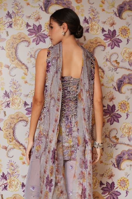 Mahima Mahajan_Lilac Silk Organza, Mesh Sequins, Stones, Floral Embroidered Tunic Pant Set _at_Aza_Fashions
