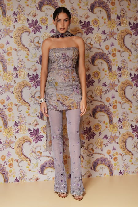 Buy_Mahima Mahajan_Lilac Silk Organza, Mesh Sequins, Stones, Floral Embroidered Tunic Pant Set 