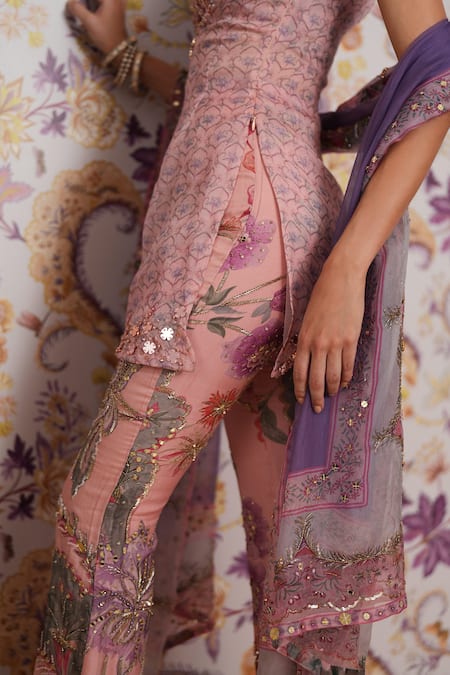 Shop Mahima Mahajan Pink Silk Organza Sequins, Beads, Embroidery, Isra Floral Print Kurta Set Online at Aza Fashions Shop_Mahima Mahajan_Pink Silk Organza Sequins, Beads, Embroidery, Isra Floral Print Kurta Set _Online_at_Aza_Fashions