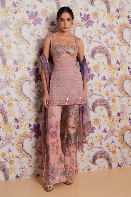 Mahima Mahajan Pink Silk Organza Sequins, Beads, Embroidery, Isra Floral Print Kurta Set at Aza Fashions Mahima Mahajan_Pink Silk Organza Sequins, Beads, Embroidery, Isra Floral Print Kurta Set _at_Aza_Fashions