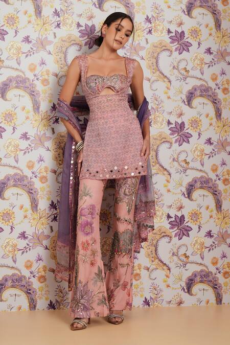 Buy Mahima Mahajan Pink Silk Organza Sequins, Beads, Embroidery, Isra Floral Print Kurta Set Buy_Mahima Mahajan_Pink Silk Organza Sequins, Beads, Embroidery, Isra Floral Print Kurta Set