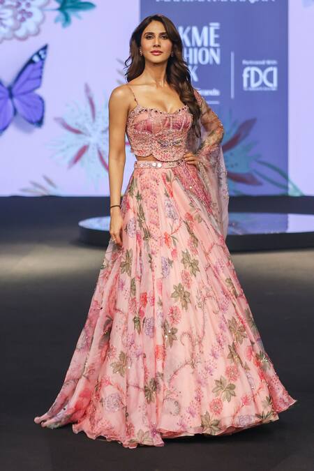 Buy_Mahima Mahajan_Pink Silk Organza Beads, Sequins, Embroidery, Vaani Floral Printed Lehenga Set _Online_at_Aza_Fashions
