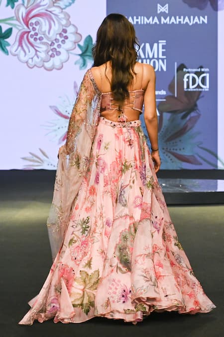 Shop_Mahima Mahajan_Pink Silk Organza Beads, Sequins, Embroidery, Vaani Floral Printed Lehenga Set _at_Aza_Fashions