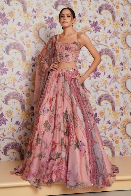 Shop_Mahima Mahajan_Pink Silk Organza Beads, Sequins, Embroidery, Vaani Floral Printed Lehenga Set _Online_at_Aza_Fashions