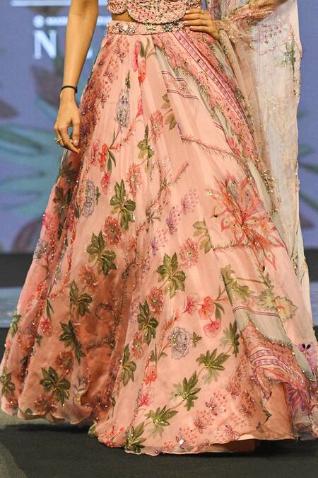 Buy_Mahima Mahajan_Pink Silk Organza Beads, Sequins, Embroidery, Vaani Floral Printed Lehenga Set 