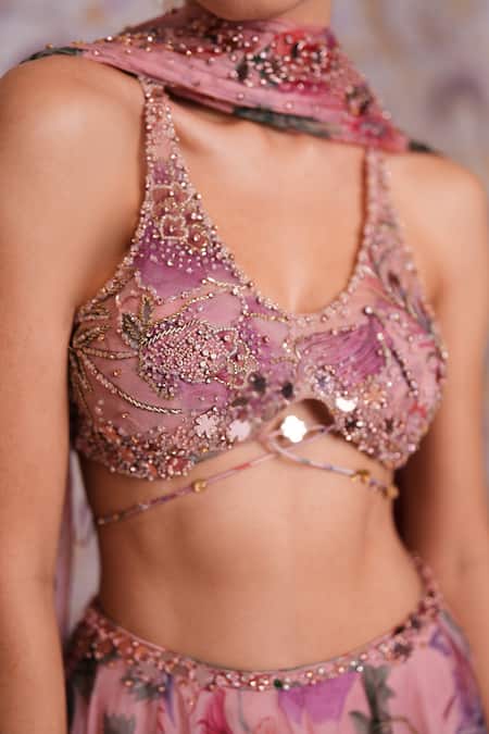 Mahima Mahajan_Pink Silk Organza Beads, Sequins V-neck Asma Floral Print Lehenga Set _Online_at_Aza_Fashions