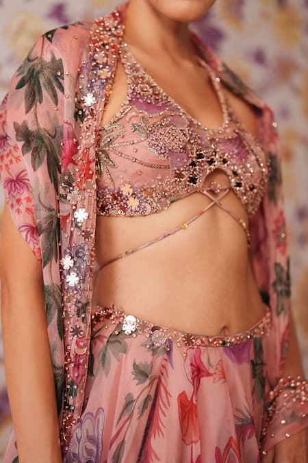 Buy_Mahima Mahajan_Pink Silk Organza Beads, Sequins V-neck Asma Floral Print Lehenga Set _Online_at_Aza_Fashions