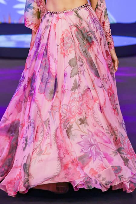 Shop_Mahima Mahajan_Pink Silk Organza Beads, Sequins V-neck Asma Floral Print Lehenga Set _Online_at_Aza_Fashions