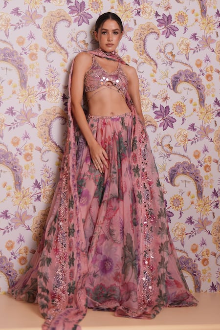 Mahima Mahajan_Pink Silk Organza Beads, Sequins V-neck Asma Floral Print Lehenga Set _at_Aza_Fashions