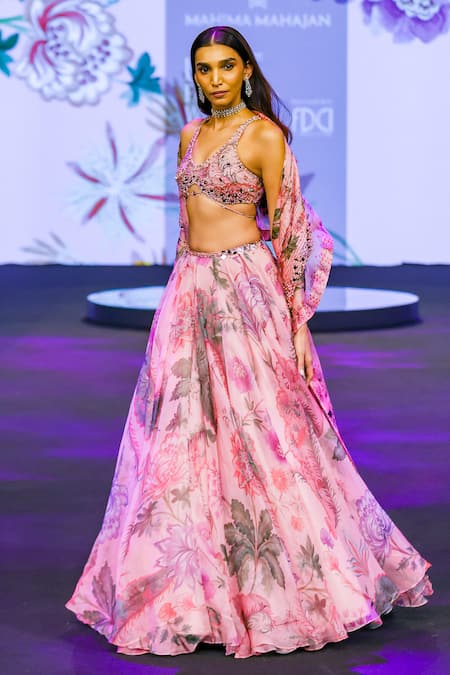 Buy_Mahima Mahajan_Pink Silk Organza Beads, Sequins V-neck Asma Floral Print Lehenga Set 