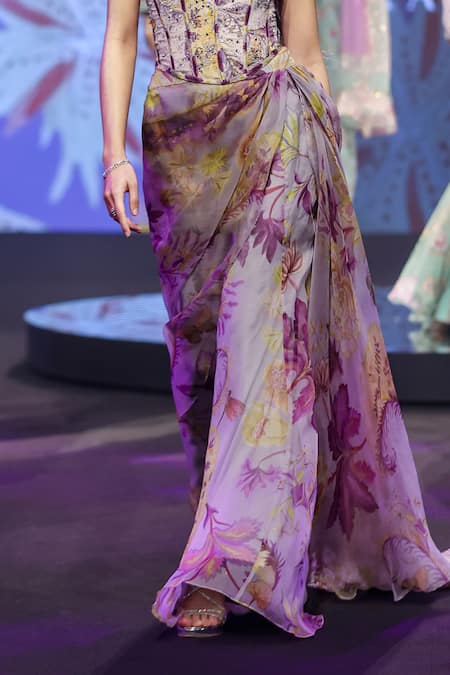 Mahima Mahajan Lilac Silk Organza Sequins, Stones Ayah Floral Print Corset And Draped Skirt Set Online at Aza Fashions Mahima Mahajan_Lilac Silk Organza Sequins, Stones Ayah Floral Print Corset And Draped Skirt Set _Online_at_Aza_Fashions