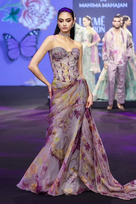 Shop_Mahima Mahajan_Lilac Silk Organza Sequins, Stones Ayah Floral Print Corset And Draped Skirt Set _Online_at_Aza_Fashions