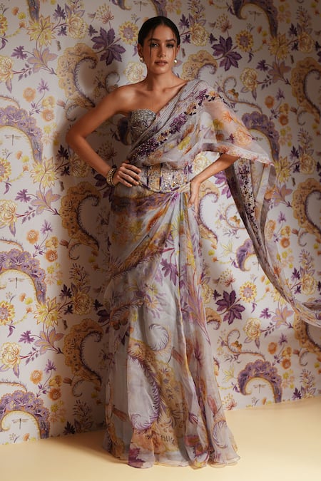 Mahima Mahajan Lilac Silk Organza Sequins, Stones Ayah Floral Print Corset And Draped Skirt Set at Aza Fashions Mahima Mahajan_Lilac Silk Organza Sequins, Stones Ayah Floral Print Corset And Draped Skirt Set _at_Aza_Fashions