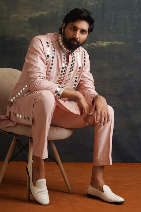 Thetaa_Pink Silk, Shantoon Mirrors Hand Embroidered Kurta And Pant Set _Online_at_Aza_Fashions