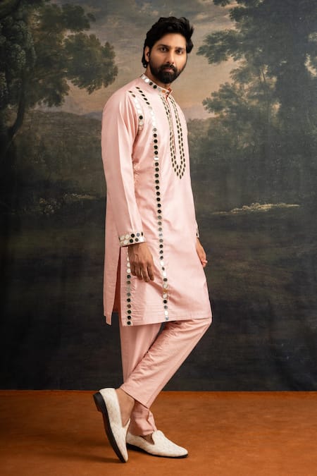 Shop_Thetaa_Pink Silk, Shantoon Mirrors Hand Embroidered Kurta And Pant Set _Online_at_Aza_Fashions