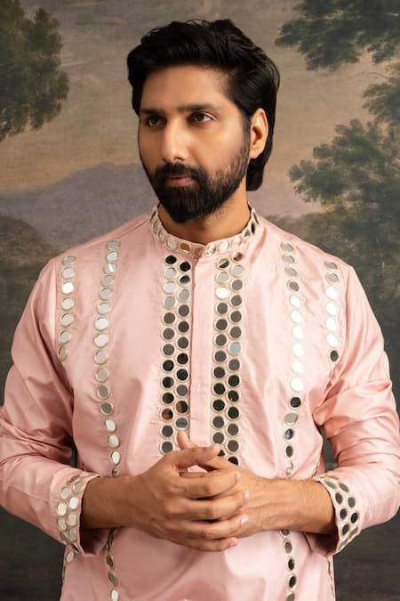 Thetaa_Pink Silk, Shantoon Mirrors Hand Embroidered Kurta And Pant Set _at_Aza_Fashions