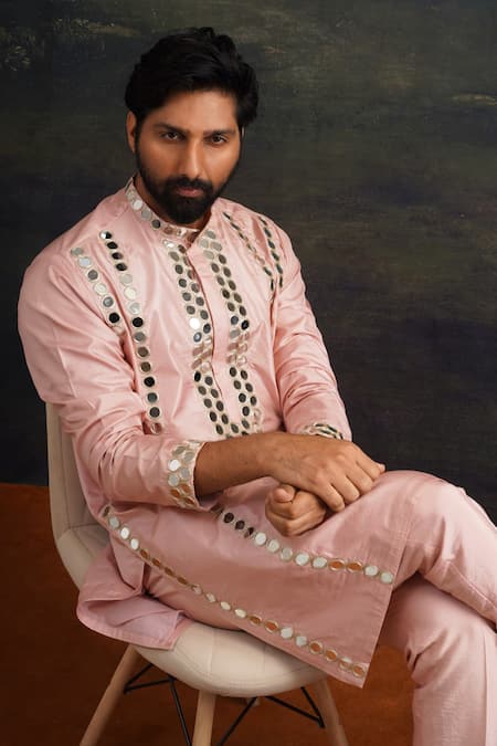 Buy_Thetaa_Pink Silk, Shantoon Mirrors Hand Embroidered Kurta And Pant Set 