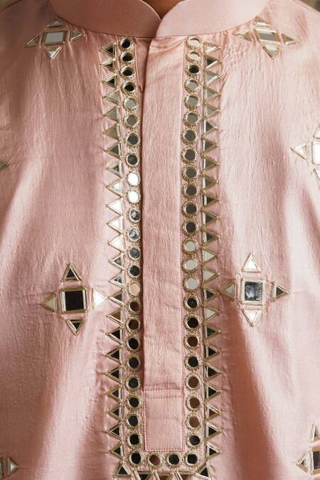 Thetaa_Pink Cotton, Silk, Shantoon Mirrors, Embroidery Kurta And Pant Set _Online_at_Aza_Fashions