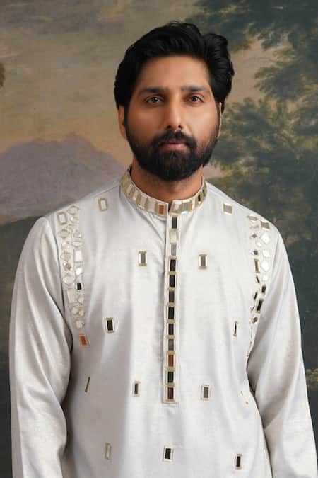 Shop_Thetaa_Gray Lycra, Cotton Mirrors, Embroidery Work Hand Kurta And Pant Set _Online_at_Aza_Fashions