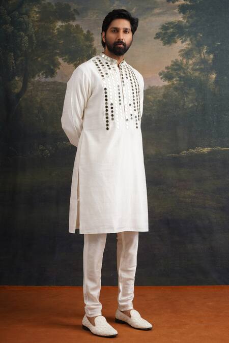 Thetaa_Off White Silk, Cotton Mirrors Embroidered Kurta And Pant Set _Online_at_Aza_Fashions