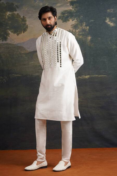 Buy_Thetaa_Off White Silk, Cotton Mirrors Embroidered Kurta And Pant Set _Online_at_Aza_Fashions