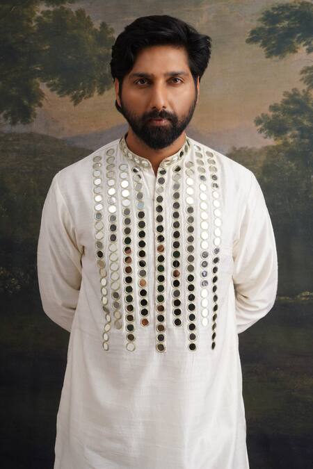 Thetaa_Off White Silk, Cotton Mirrors Embroidered Kurta And Pant Set _at_Aza_Fashions