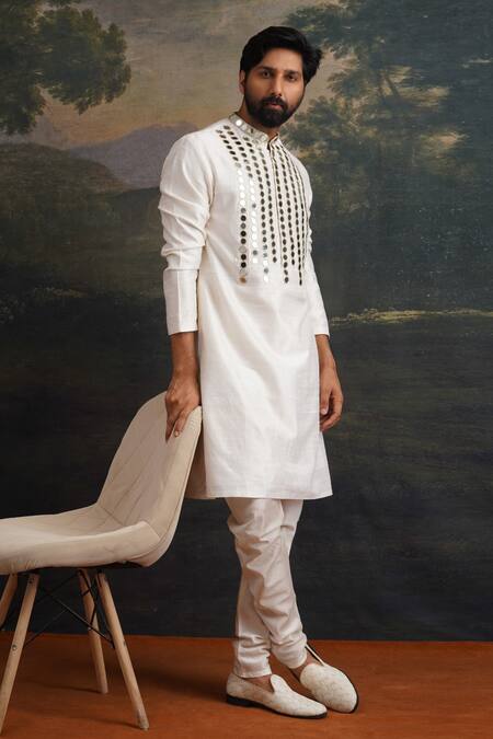 Buy_Thetaa_Off White Silk, Cotton Mirrors Embroidered Kurta And Pant Set 