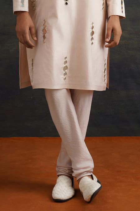 Thetaa_Beige Silk, Cotton Mirrors Embroidered Kurta And Pant Set _Online_at_Aza_Fashions