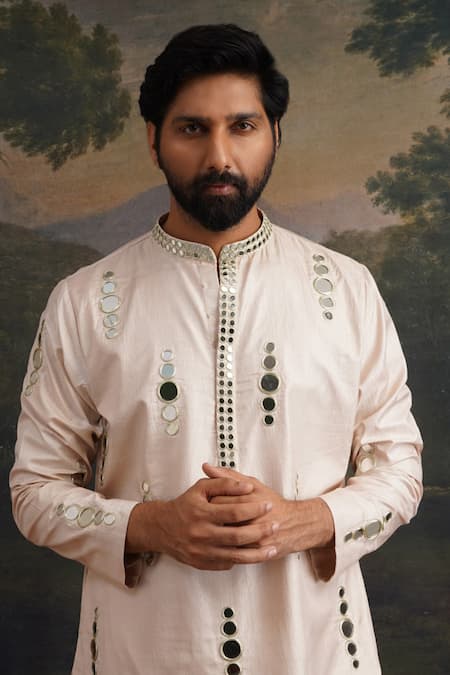 Buy_Thetaa_Beige Silk, Cotton Mirrors Embroidered Kurta And Pant Set _Online_at_Aza_Fashions