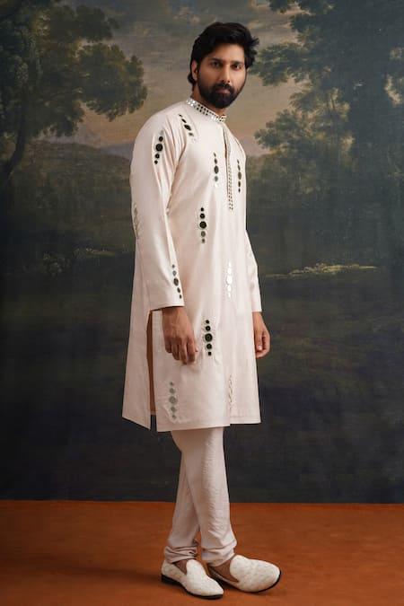 Thetaa_Beige Silk, Cotton Mirrors Embroidered Kurta And Pant Set _at_Aza_Fashions
