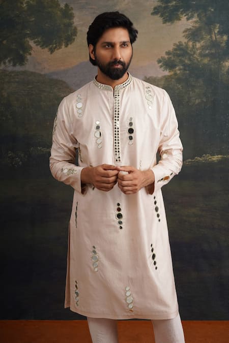 Buy_Thetaa_Beige Silk, Cotton Mirrors Embroidered Kurta And Pant Set 