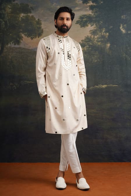 Thetaa_Beige Silk, Cotton Mirrors, Embroidery Kurta And Pant Set _Online_at_Aza_Fashions