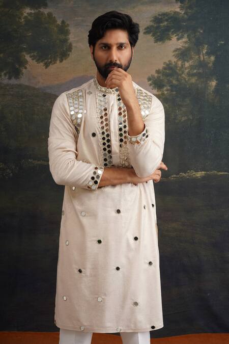 Buy_Thetaa_Beige Silk, Cotton Mirrors, Embroidery Kurta And Pant Set _Online_at_Aza_Fashions