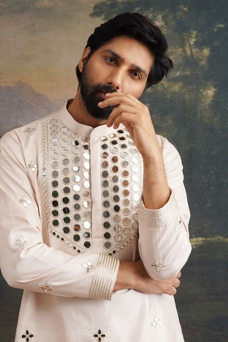 Thetaa_Beige Silk, Cotton Mirrors, Embroidery Kurta And Pant Set _Online_at_Aza_Fashions