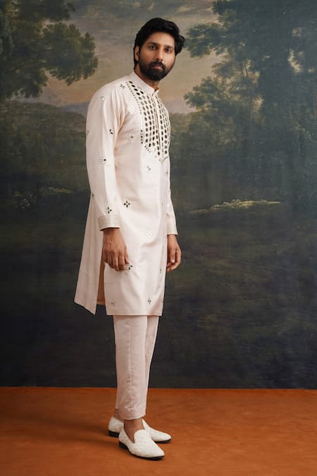 Shop_Thetaa_Beige Silk, Cotton Mirrors, Embroidery Kurta And Pant Set _Online_at_Aza_Fashions