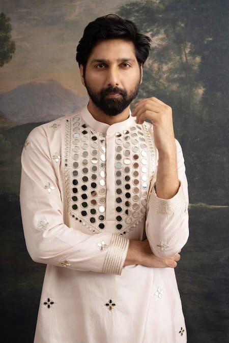 Thetaa_Beige Silk, Cotton Mirrors, Embroidery Kurta And Pant Set _at_Aza_Fashions
