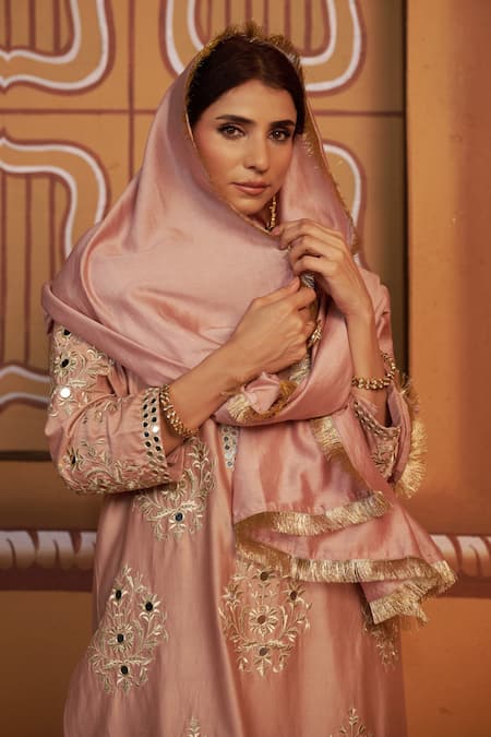Shop_Thetaa_Pink Chanderi Silk Embroidery, Mirrors, Fringe, Gota Patti Round Hand Kurta Set _Online_at_Aza_Fashions
