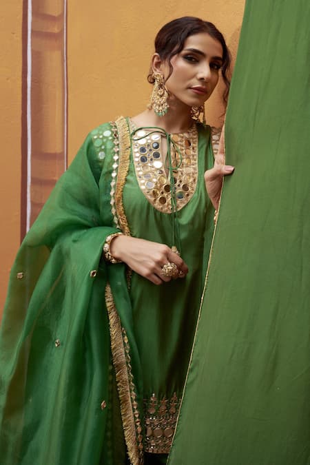 Thetaa Green Silk, Cotton, Satin Embroidery, Mirrors, Tassels Work Kurta Palazzo Set Online at Aza Fashions Thetaa_Green Silk, Cotton, Satin Embroidery, Mirrors, Tassels Work Kurta Palazzo Set _Online_at_Aza_Fashions