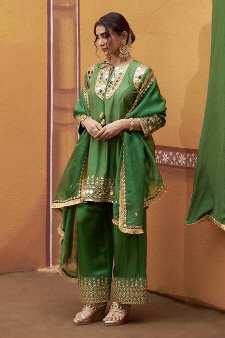 Buy Thetaa Green Silk, Cotton, Satin Embroidery, Mirrors, Tassels Work Kurta Palazzo Set Online at Aza Fashions Buy_Thetaa_Green Silk, Cotton, Satin Embroidery, Mirrors, Tassels Work Kurta Palazzo Set _Online_at_Aza_Fashions